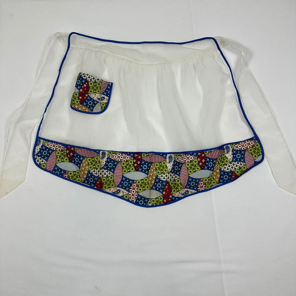 Vintage Sheer White Half Apron Multi Color Geometric Patchwork Pocket Blue Trim‎